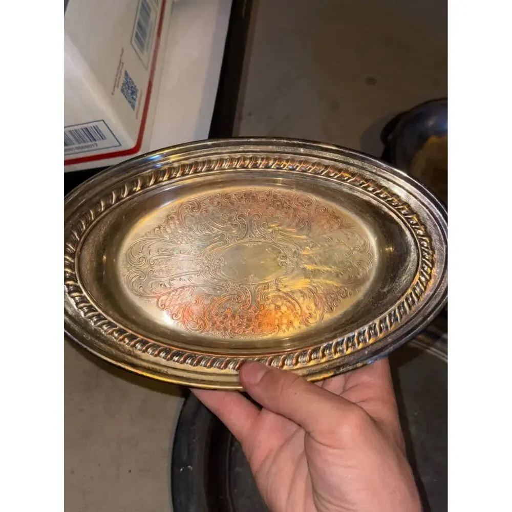 Vintage Silver Plate On Copper Oval Serving Dish / Tray, Eagle in Shield Makers